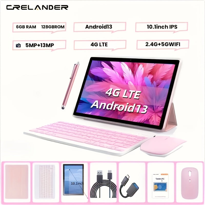 4G LTE Tablet 10.1 Inch Android 13 6GB RAM 128GB Dual SIM Dual-Band WiFi 13MP Camera Type-C 2-in-1 Tablet PC with Keyboard Mouse & Stylus Unlocked Cellular Tablet – Black & Pink
