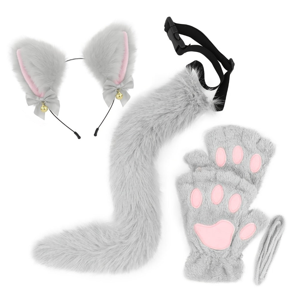 Cat Costume Set 3 Piece – Bell Ear Headband, Plush Paw Gloves & Adjustable Tail for Halloween, Cosplay, Role Play & Stage Performances, Cute Gift for Women Girls, Grey White Brown Pink