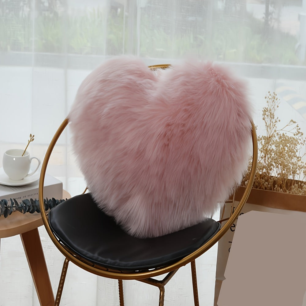 Heart Shaped Plush Pillow Cover Faux Wool Fluffy Cushion Cover for Sofa Bed Chair Car - Valentine's Day Decor Throw Pillowcase 17" Soft Decorative Pillow Case, Red & Pink, Insert Not Included