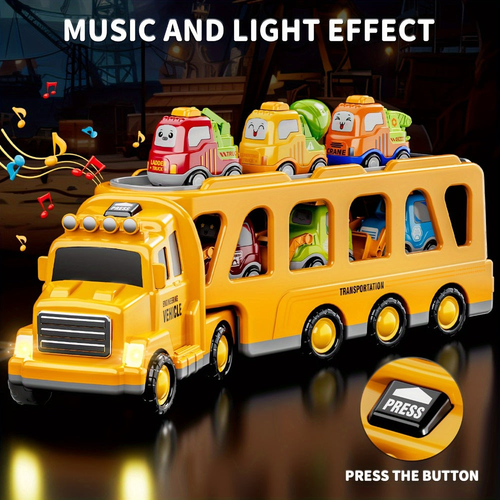 Car Carrier Truck Toy with 6 Cars, 16.9" Transport Construction Truck with Lights & Sounds