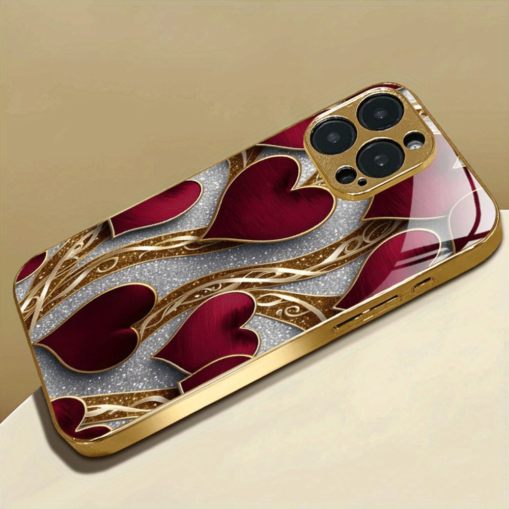 Golden Heart Phone Case Luxury Aesthetic Slim Fit iPhone 17 16 15 14 13 12 11 Pro Max Plus XS XR Samsung Galaxy S25 S24 S23 S22 A-Series Cute Girly Gift Cover Red Gold Design