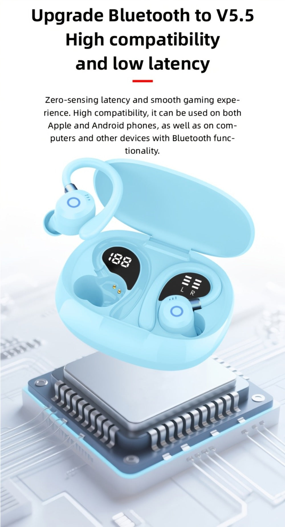 Hi-Fi Stereo Wireless Earbuds LED Digital Display Touch Control Noise Canceling Fast Charging Gaming Sport Headset Lightweight In-Ear Earphones for Commute Gamers iOS Android Black Blue White
