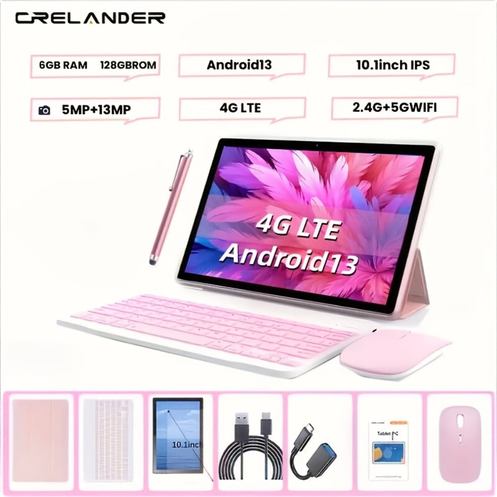 4G LTE Tablet 10.1 Inch Android 13 6GB RAM 128GB Dual SIM Dual-Band WiFi 13MP Camera Type-C 2-in-1 Tablet PC with Keyboard Mouse & Stylus Unlocked Cellular Tablet – Black & Pink