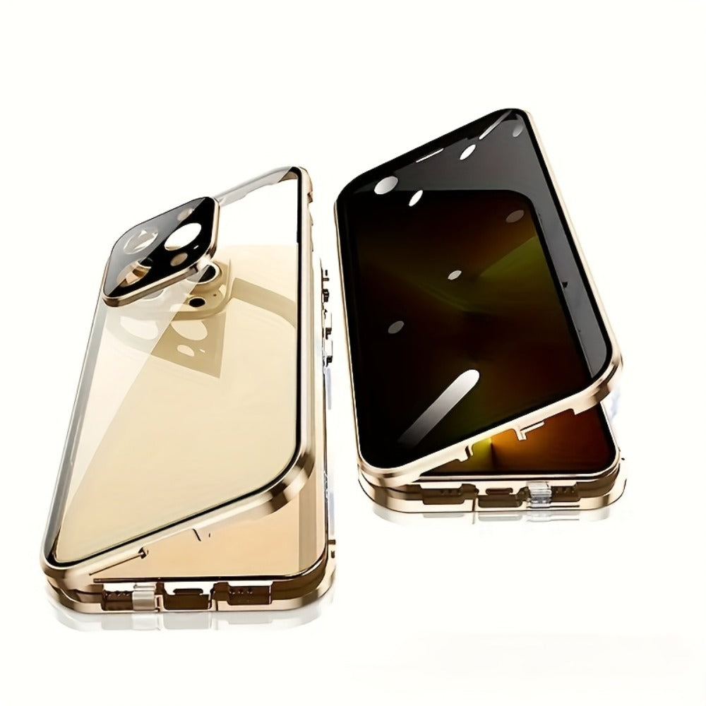 Clear Back Privacy iPhone Case with Metal Frame & Magnetic Double-Sided Tempered Glass – Anti-Peep Anti-Spy Transparent Cover for iPhone 12 13 14 15 16 Pro Max Plus, Wireless Charging Compatible