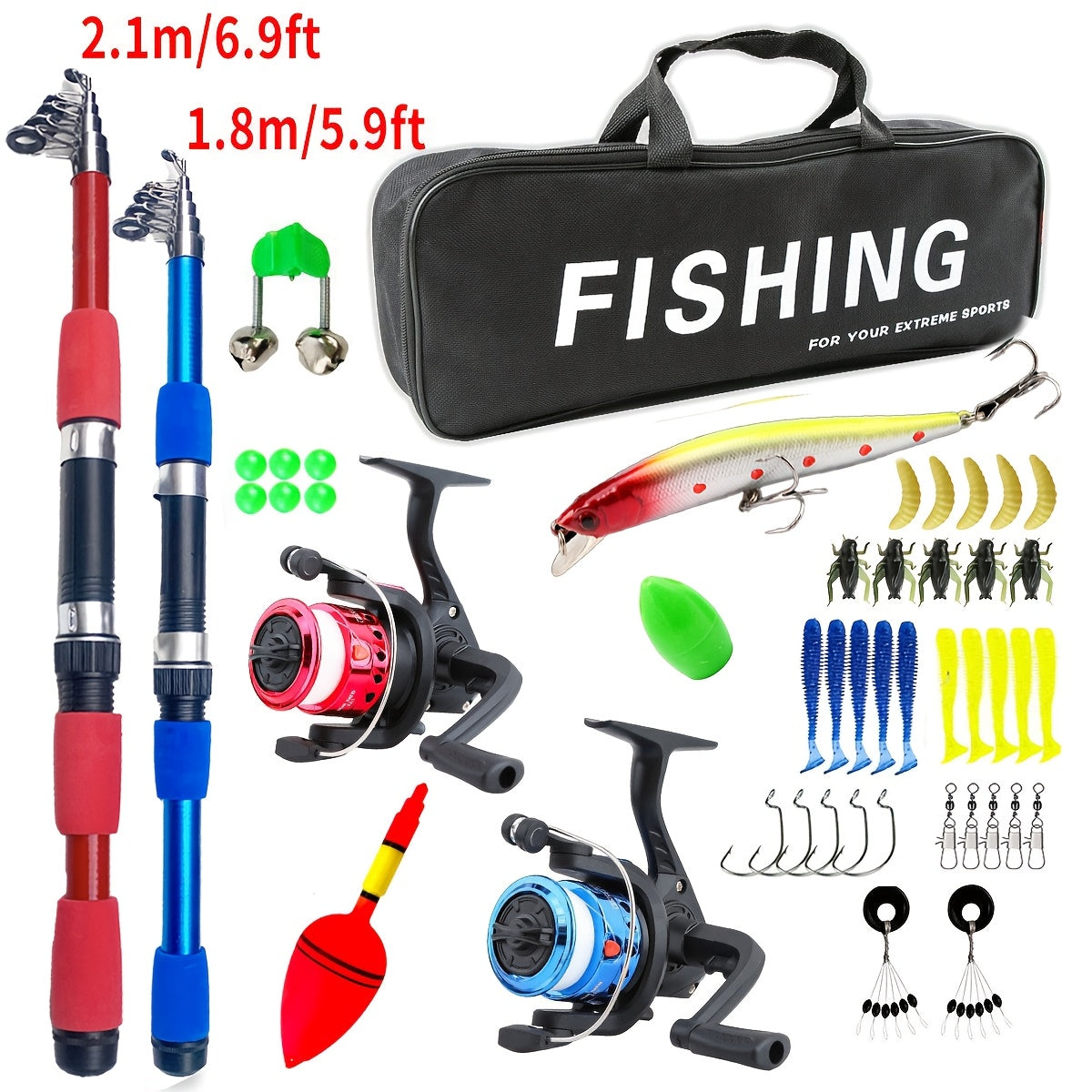Beginner Fishing Rod & Reel Set – Couple Double Rod Wheel Kit with Red & Blue Fishing Poles 70.87" & 82.68", Complete Fishing Gear Equipment for Beginners Kids Men Women, Freshwater Starter Pack