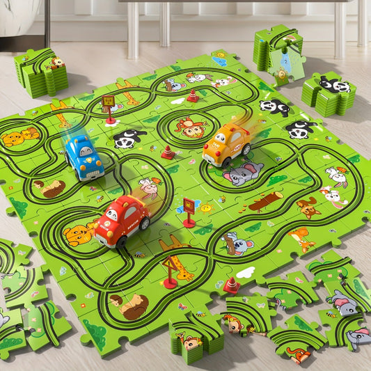 Jigsaw Puzzle Race Track Set with Cars, 39-, 56- or 73-Piece Options