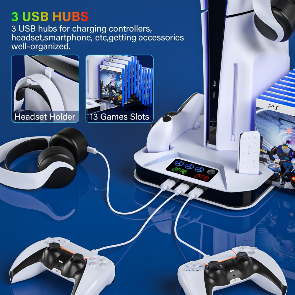 PS5 Pro Slim Cooling Station with Controller Charging Station for PS5/Slim/Pro Standard & Disc/Digital Console, Stand Cooler Accessories with Cooling Fan, 3 USB Hubs, Headset Holder & Screw Included