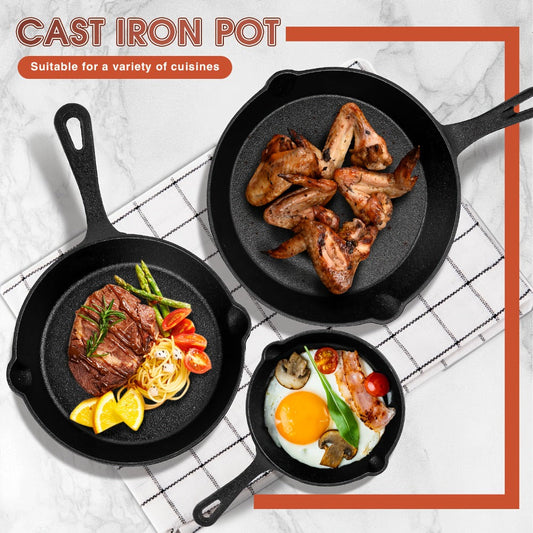 Cast Iron Skillet Set with Pour Spouts, 3-Piece Black Cookware for Home and Camping