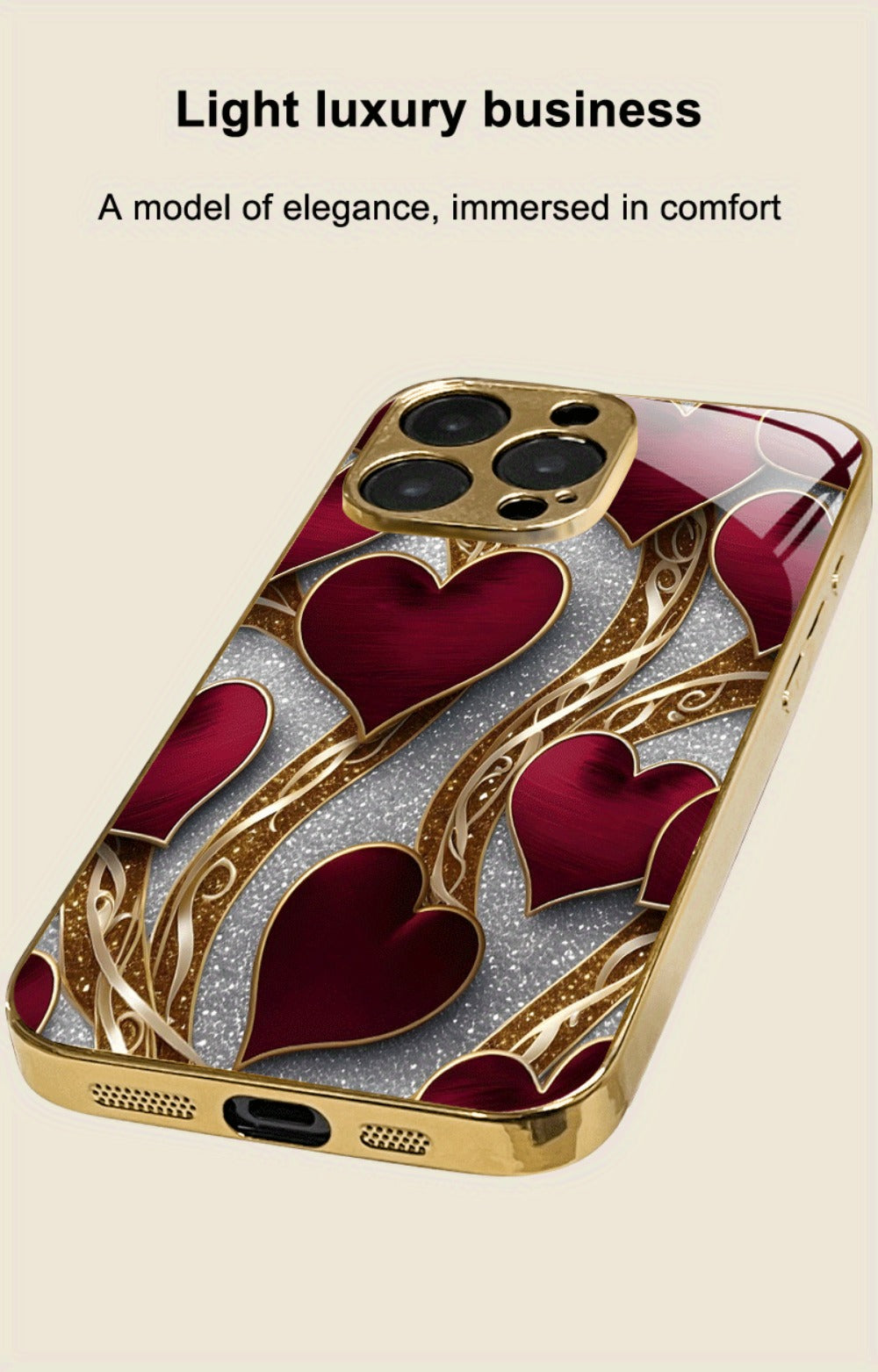 Golden Heart Phone Case Luxury Aesthetic Slim Fit iPhone 17 16 15 14 13 12 11 Pro Max Plus XS XR Samsung Galaxy S25 S24 S23 S22 A-Series Cute Girly Gift Cover Red Gold Design