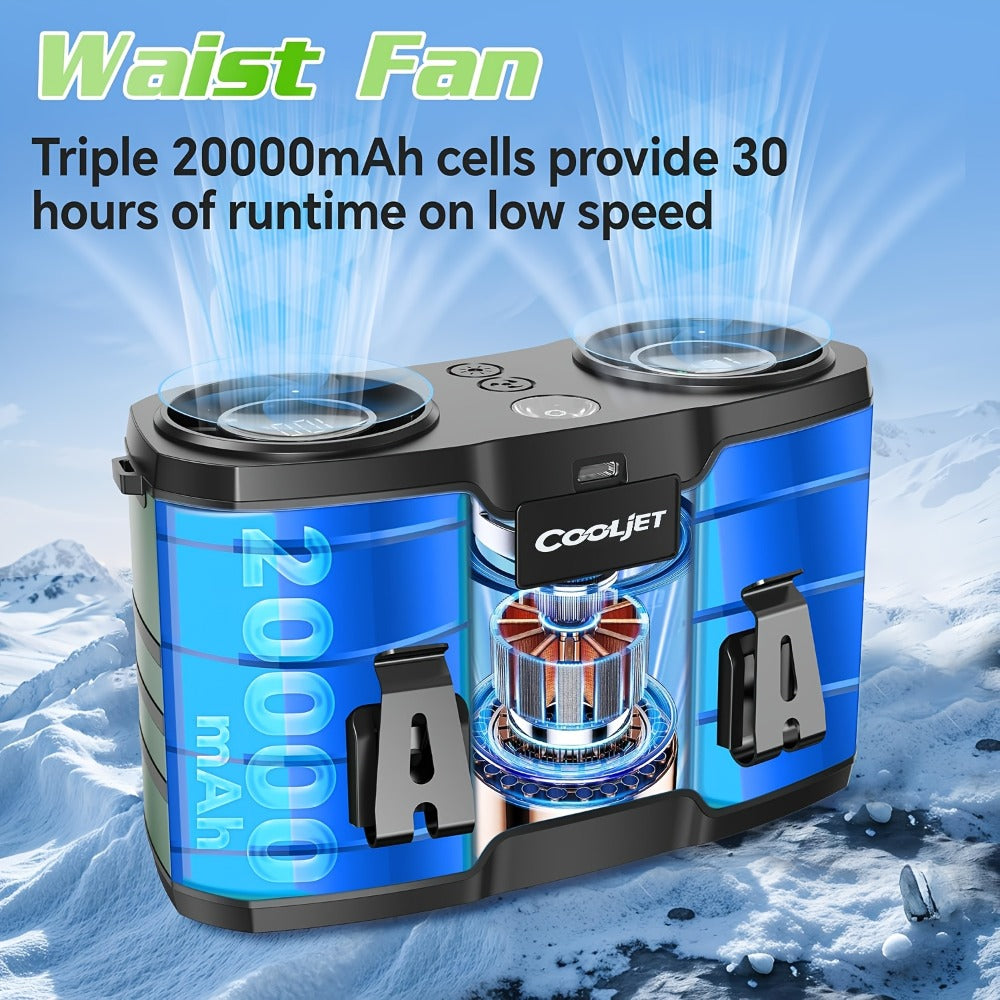 Portable Waist Fan 20000mAh – Dual Vent 7W Brushless Motor, 10 Speed Levels, 4 Wearing Modes, LED Digital Display, USB-C Charging, Wearable Neck & Waist Cooling Fan for Outdoor Camping Hiking Fishing