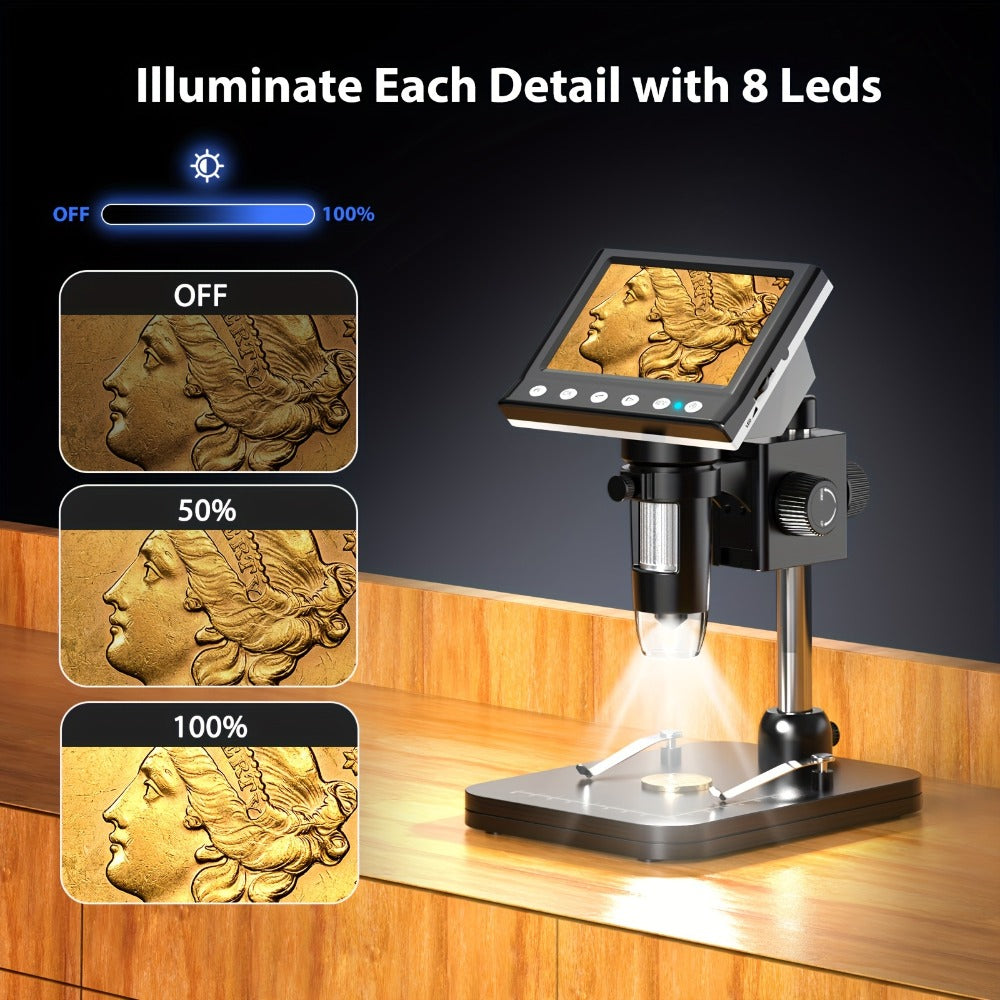 Digital Microscope 1000X with 4.3" IPS LCD Screen & 8 Adjustable LEDs – USB Coin Microscope for Adults, Kids & STEM, Windows Compatible, Ideal for Coin Collection, Science & Education