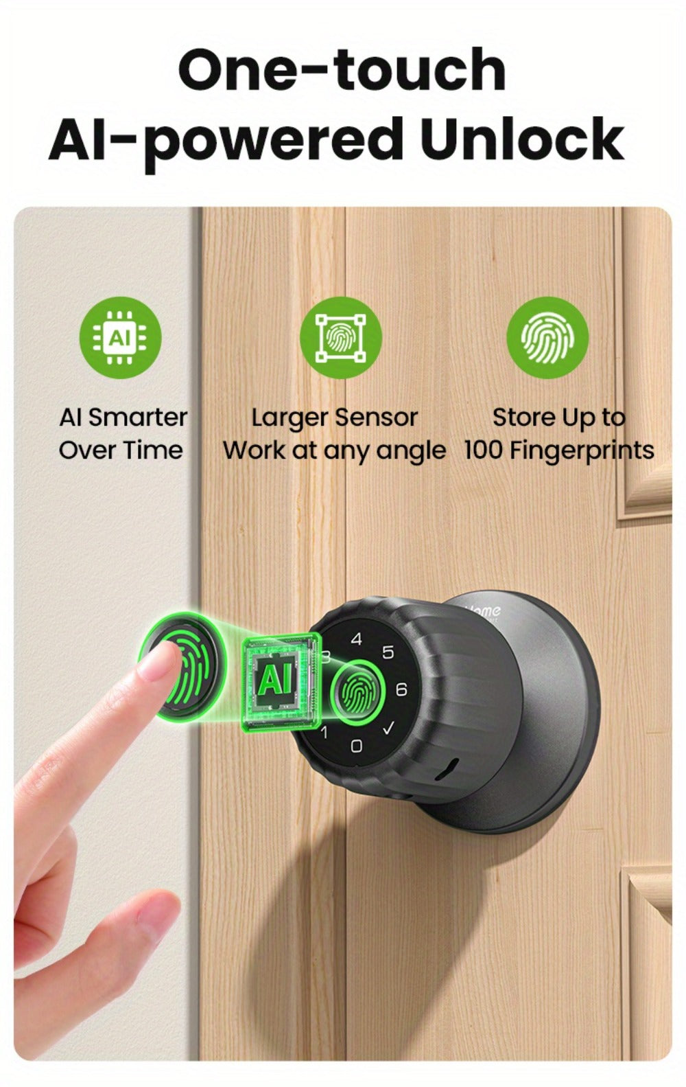 GHome KD03 PRO Smart Door Knob 4-in-1 with USB-C Charging & Gateway Remote - Fingerprint, Keypad & App, Anti-Peep, Tamper Alarm, Emergency Power, Keyless Entry, Black