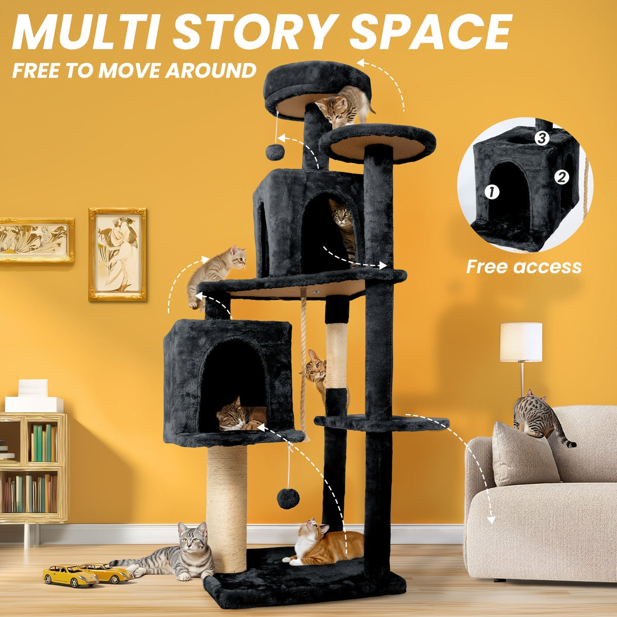 Cat Tree Tower 59 Inch Large Multi-Level Cat Tower for Indoor Cats with Plush Resting Area, Sisal Scratching Post & Hanging Ball Toy – Tall Cat Furniture for Bedroom Living Room, Multiple Colors