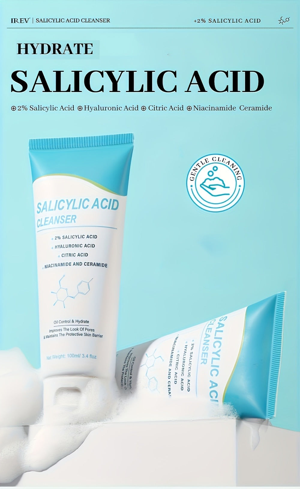 Salicylic Acid Facial Cleanser Gel – Deep Cleansing & Moisturizing with Hyaluronic Acid, Non-Comedogenic, Paraben-Free, Fresh Scent, for All Skin Types, Men & Women, Daily Face Wash