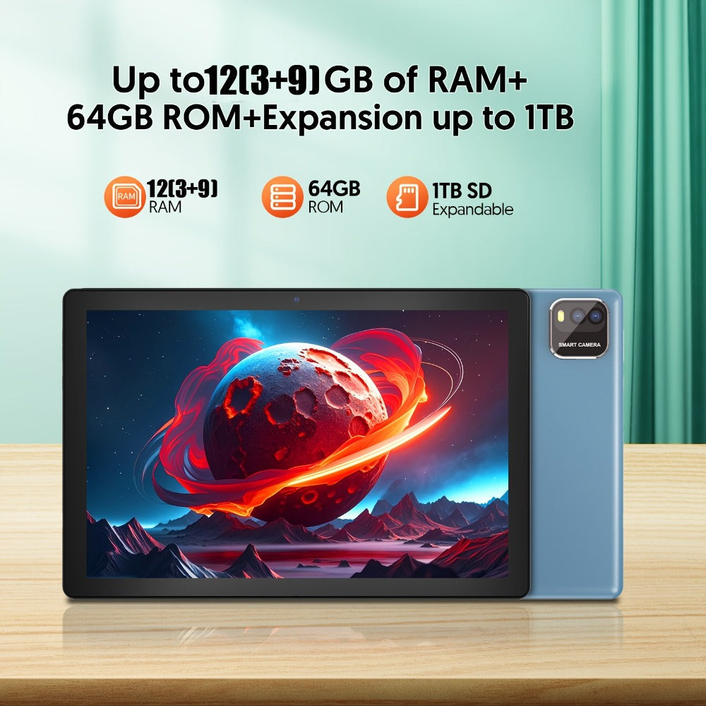 Android 15 Tablet 10.1 Inch WiFi 6 Quad-Core 12GB RAM 64GB ROM 1TB Expandable 6000mAh Battery 1280x800 IPS Display Dual Camera 8MP 2MP Optional Keyboard Case Mouse Stylus