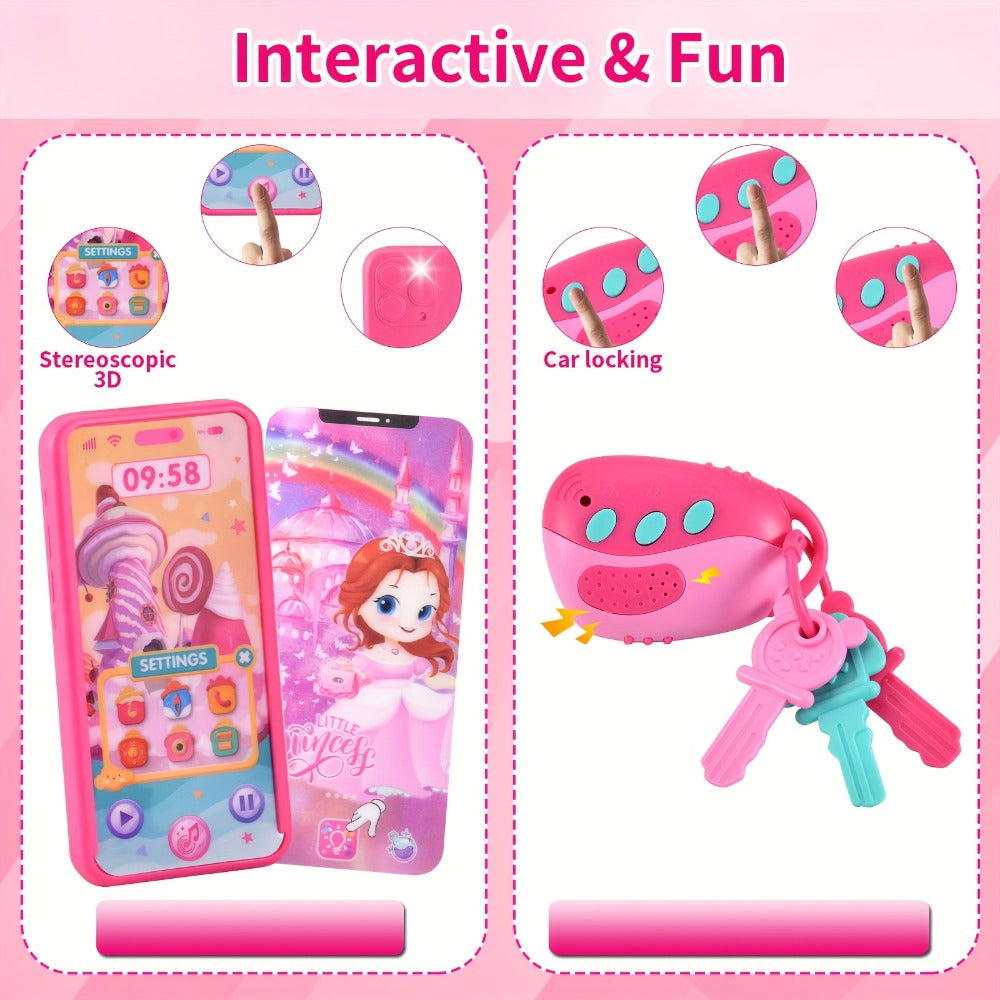 Pretend Play Purse Set with Toy Phone, Pretend Makeup, Keys & Crossbody Bag, Pink