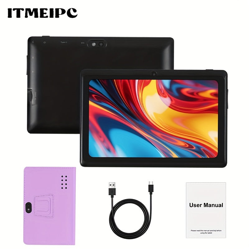 USB-C Android 14 Tablet 7 Inch with Built-in Protective Case, 4GB RAM 32GB ROM Expandable Quad-Core HD IPS Display, Dual Camera WiFi, Compact Stylish Portable Tablet for Students Teens Adults – Blue Yellow Black Pink