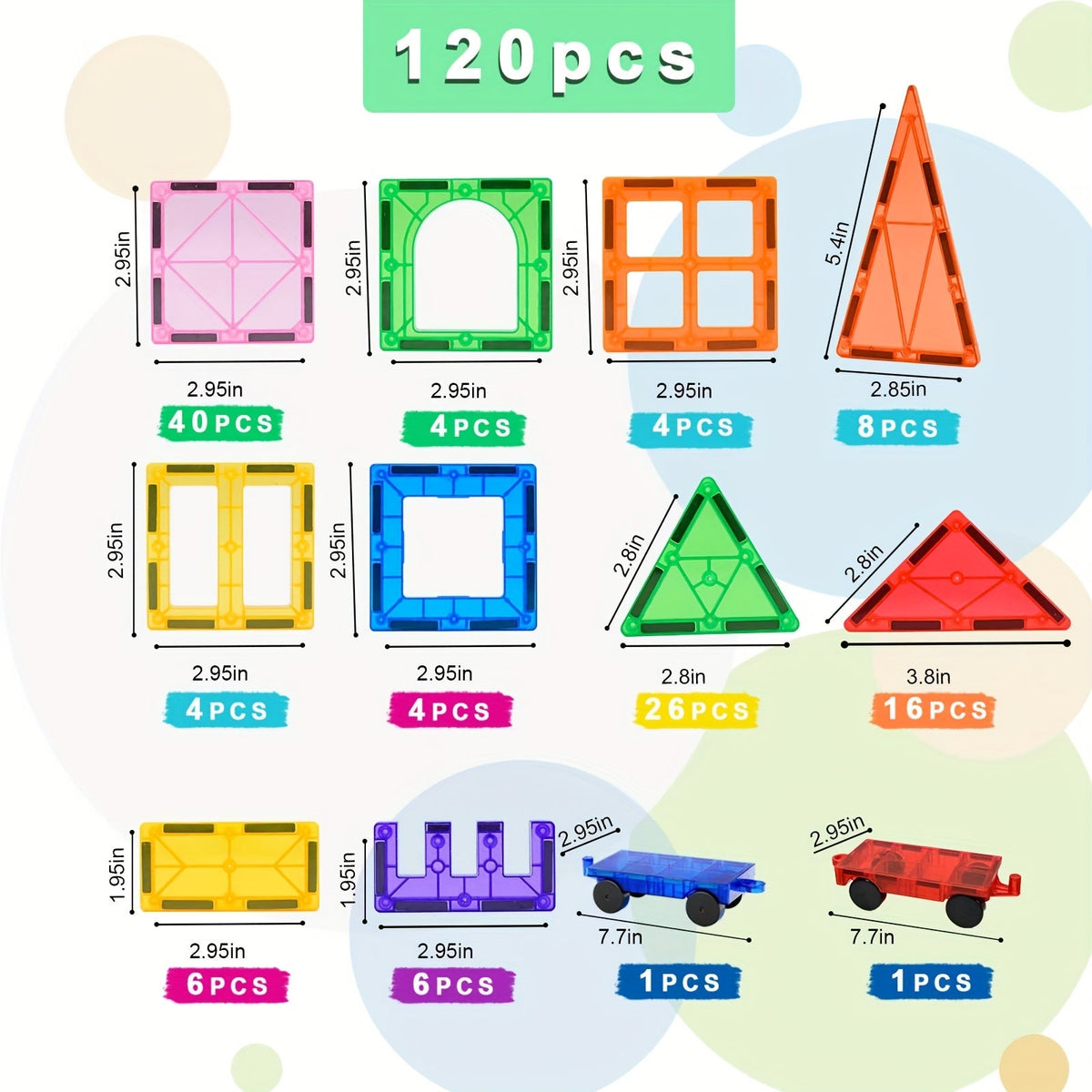 Magnetic Tiles Building Set, 120 Pieces with 2 Toy Cars, 3D Ramp and Garage Play for Ages 3+