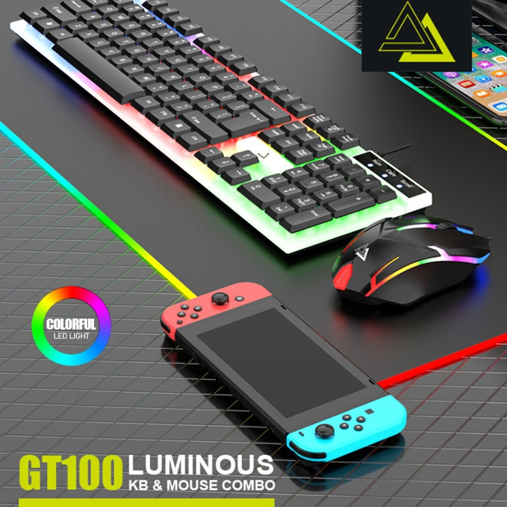 Rainbow RGB Gaming Keyboard and Mouse Combo GT100 – 104 Keys Full-Size Mechanical Cyan Axis Wired Set, Vibrant LED Backlit for PC, Laptop, Mac, Windows & Linux | 50M Keystroke Durability | Black & White