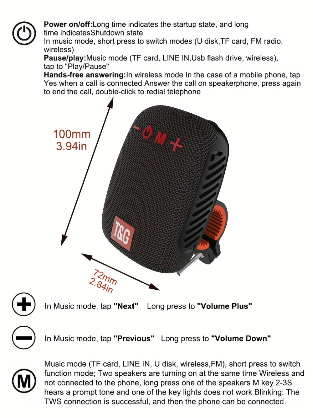 T&G 392 IPX5 Waterproof Cycling Bluetooth Speaker – Compact Outdoor Wireless Speaker with TWS Stereo, FM Radio, TF Card & USB Drive Support, Type-C Charging, Compatible with Phone & Tablet
