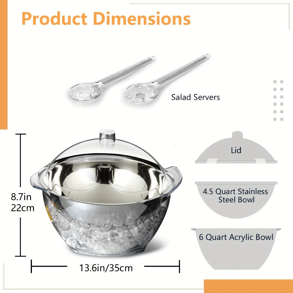 Stainless Steel Ice Chiller Salad Bowl with Lid and Serving Spoons – Large Refrigerated Veggie Fruit Tray with Ice Chiller Base for Party Entertaining Buffet Outdoor Picnic Food Display