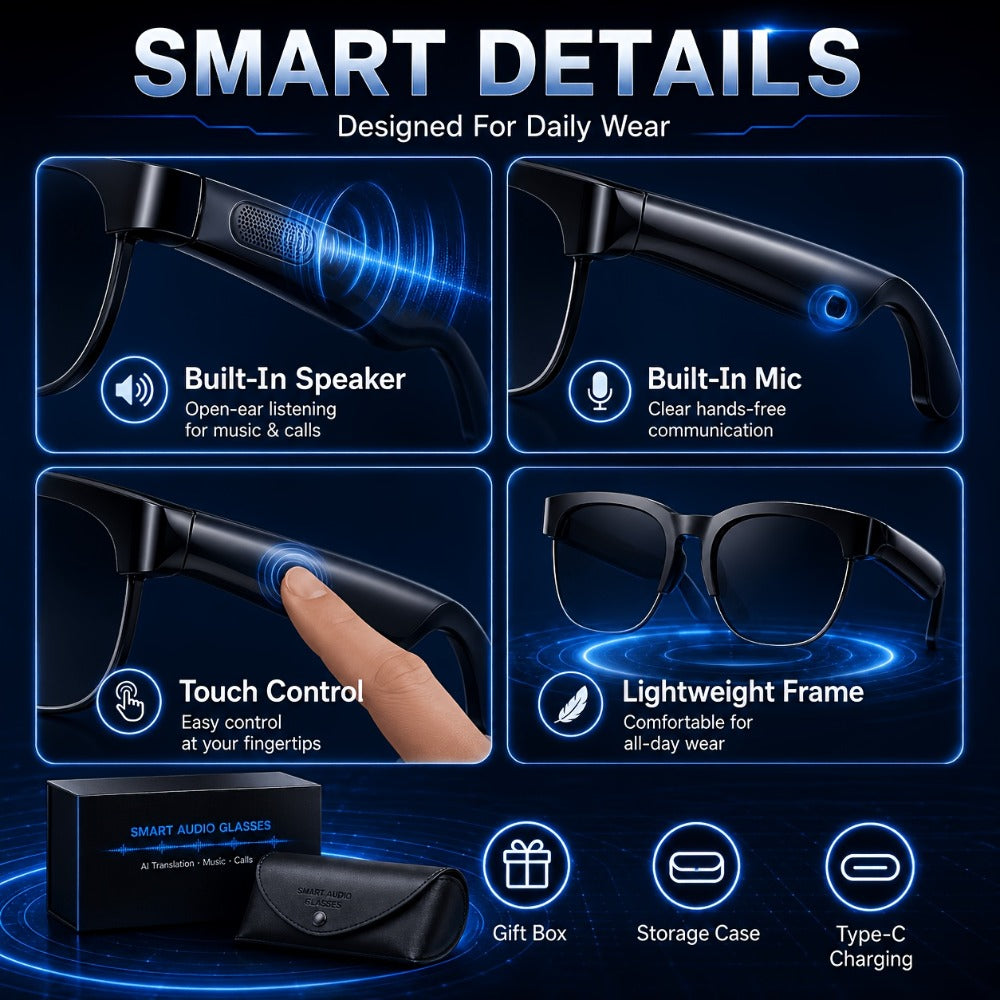 Open Ear Audio Glasses Gift Set with Case - AI Translation, Bluetooth Calling & Wireless Music, Built-in Mic, Hands-Free, Smart Fashion Glasses for Travel Driving Outdoor Business 2026