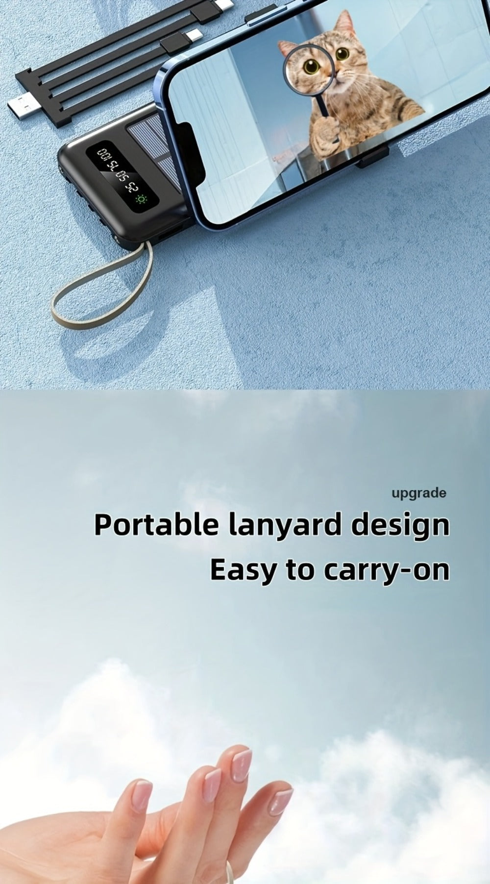 Solar Power Bank with Built-in 4 Cables LED Flashlight 15W Fast Charging Digital Display Dual USB USB-C Portable Charger 10000mAh 20000mAh 30000mAh for iPhone Android Camping Hiking