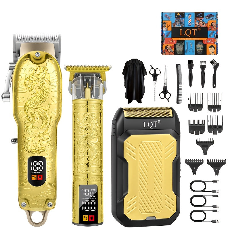 Men's Grooming Gift Set 3-Piece — LQT Cordless Hair Clipper, Electric Shaver & Hair Cutter with LED Display, Golden Dragon Edition, Premium Gift Box, Perfect Father's Day & Birthday Gift for Men