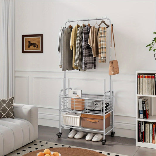 Rolling Laundry Basket with Hanging Rack, Bottom Shelf and Locking Casters