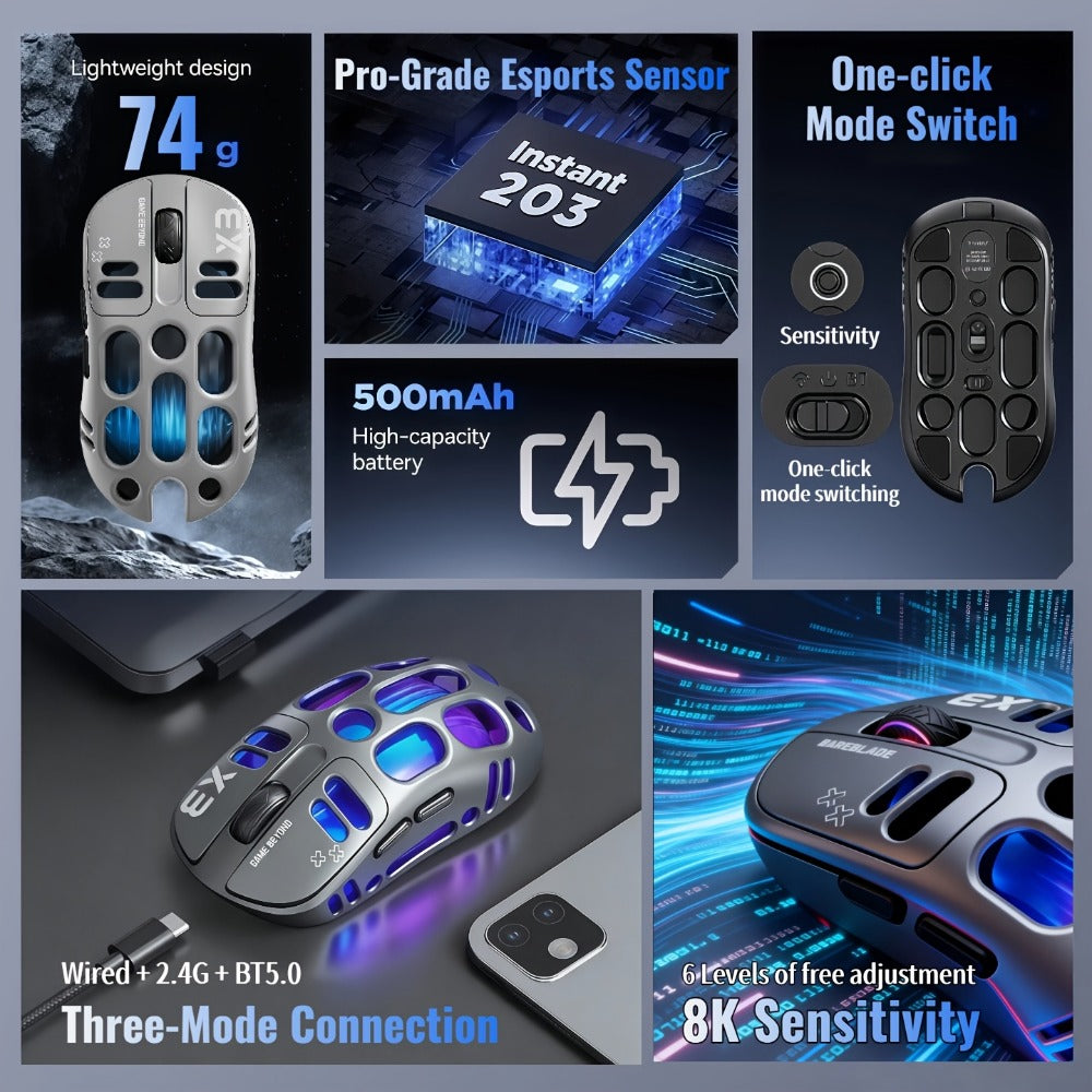 Bluetooth 5.0 2.4G Dual Mode Wireless RGB Gaming Mouse Silent 6 Button Ergonomic USB-C Rechargeable Breathing Light for PC Laptop Mac Tablet Office Gaming Tech Black Star Black White Gray