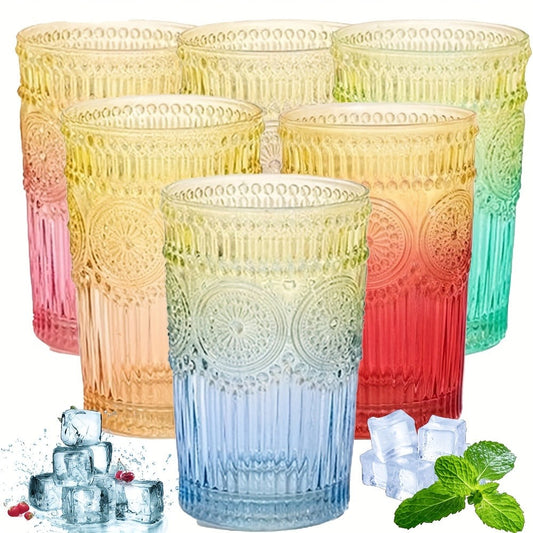 Vintage Drinking Glasses Set of 6 Colored Tumblers 14 oz – Embossed Geometric Pattern, 6 Muted Colors, for Water, Juice, Beer, Cocktails, Whiskey & Milk – Retro Barware Gift Set