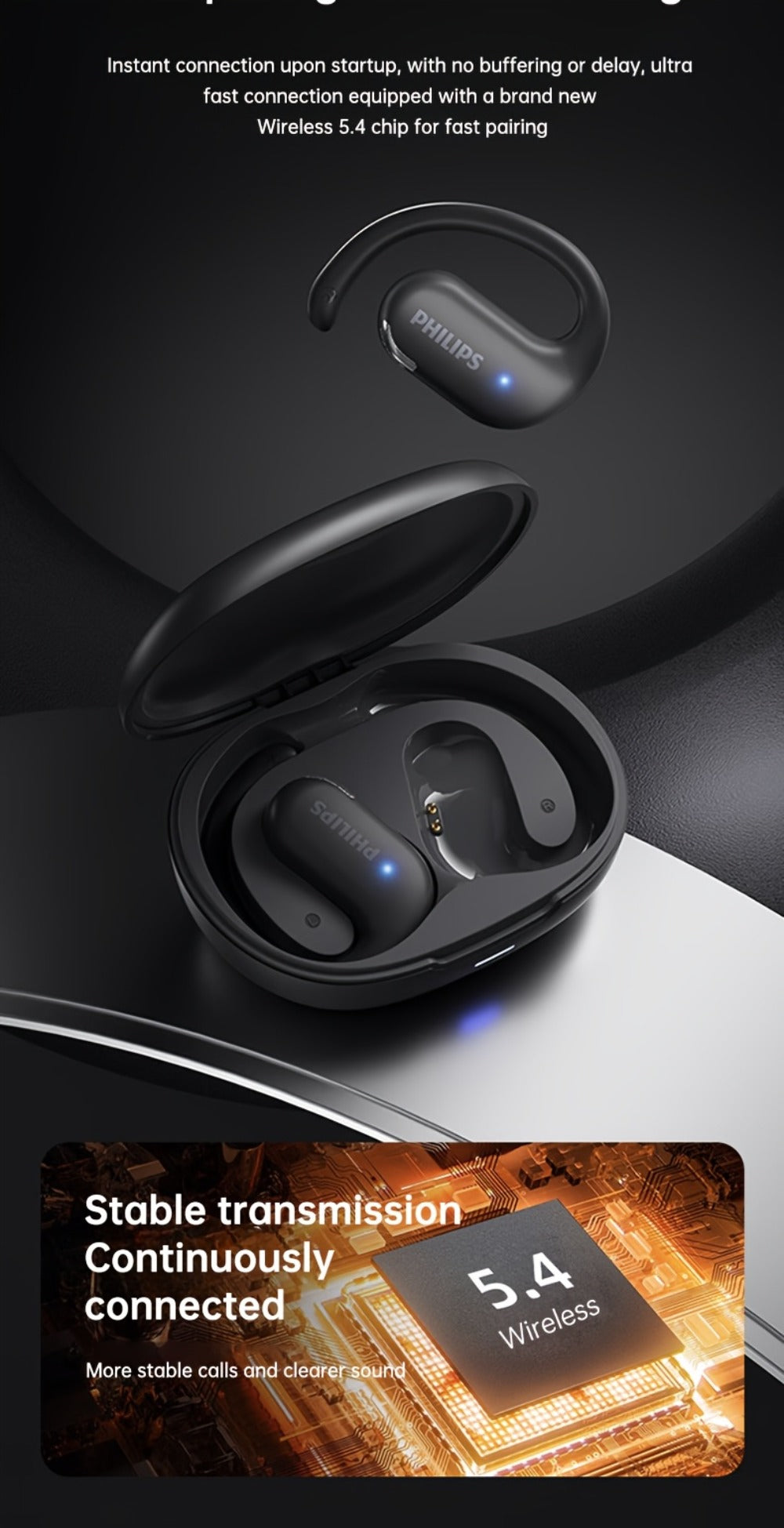 Philips TAT2739 Open Air Earbuds Wireless Bluetooth 5.3 Ear Hook Headphones with Wireless Charging Case – Non In-Ear Open-Back Design, Type-C, Tech Gift for Men Women