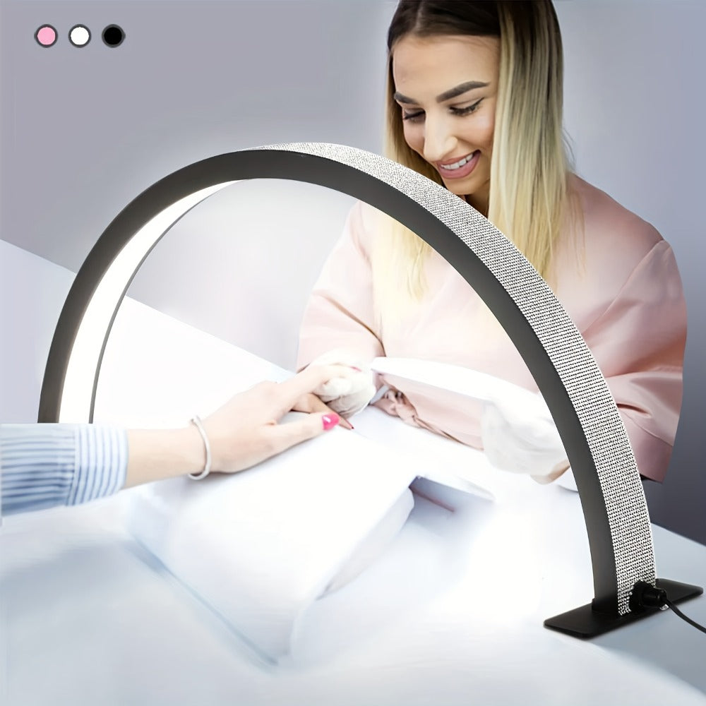 Nail Lamp Studio Desk LED Half Light – 3-Color Temperature Adjustable Brightness for Nail Tech, Beauty Treatments, Skin Care, Eyebrow & Tattoo Lighting, 29 Inch (Black Diamond / White / White Rhinestone)