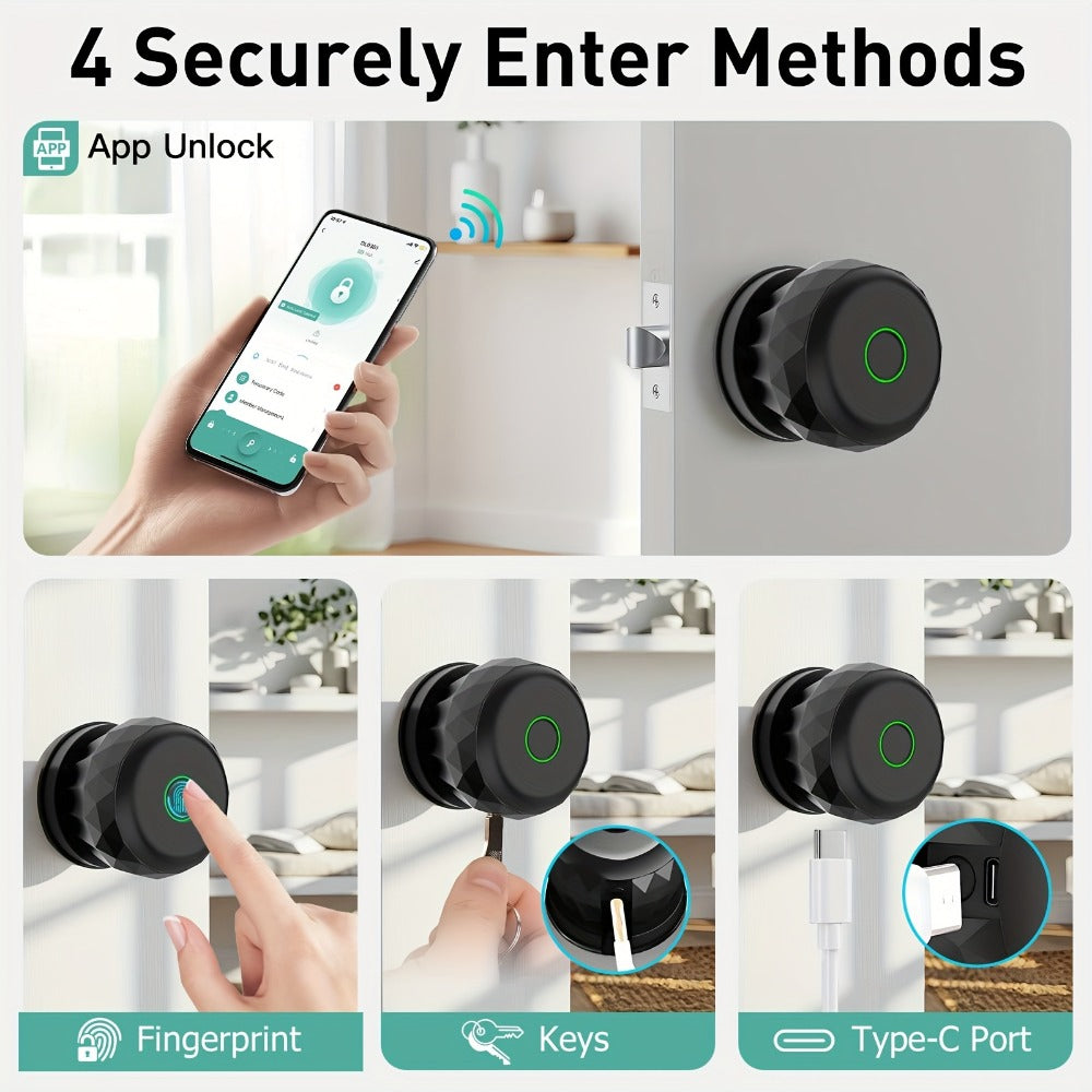 Fingerprint Handle Door Lock with IC Card & Key - 3-in-1 Biometric Keyless Entry, 100 Fingerprint Capacity, Integrated Handle Design for Bedroom, Home, Hotel & Office, Easy Install, Black