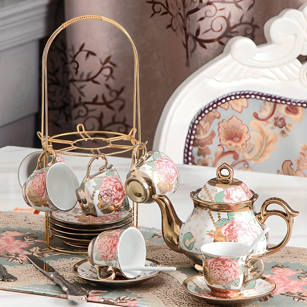 Floral Ceramic Tea Set 20 Pcs – European Porcelain Tea Cups & Saucers with Metal Holder & 15 Oz Teapot – Luxury Arabic Coffee Cup Set for Espresso, Cappuccino & Afternoon Tea – Elegant Gift