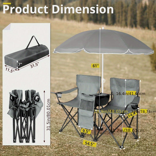 Folding Fishing Chair with Sun Umbrella, Two Seats, Storage Bag and Carry Bag