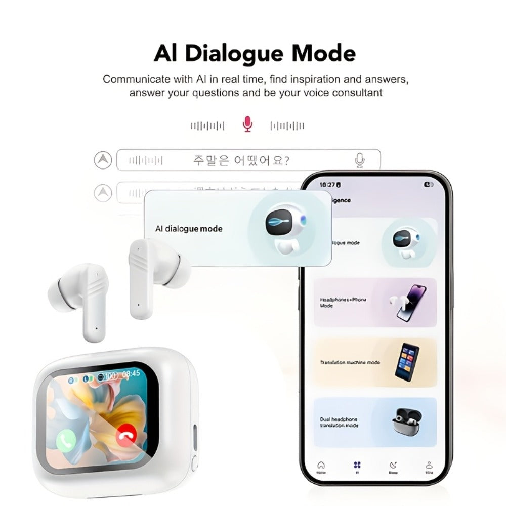 ANC AI Translation Earbuds with LCD Screen – Active Noise Cancelling Wireless In-Ear Headphones for Business Meetings International Travel Multi-Language Real-Time Translator