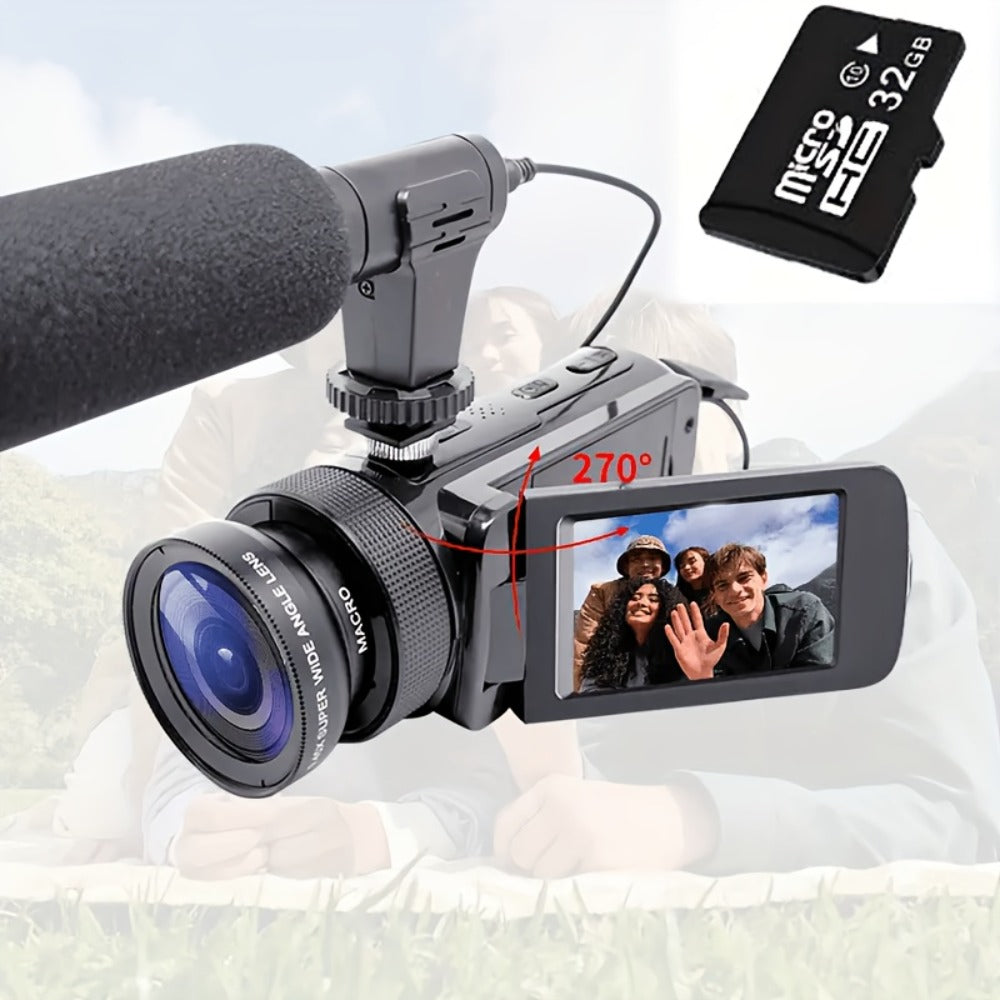 Digital Video Camera HD 1080P with Flip Screen & External Microphone – 16MP 16X Zoom Compact Camcorder for Family, Travel, Vlogging, YouTube & Beginners with 32GB Card