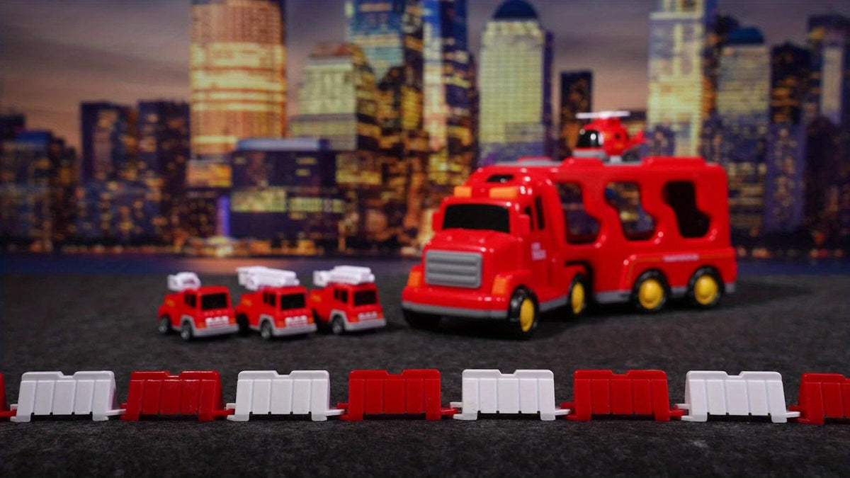 Fire Truck Rescue Playset, 5-in-1 Carrier with Interchangeable Vehicles