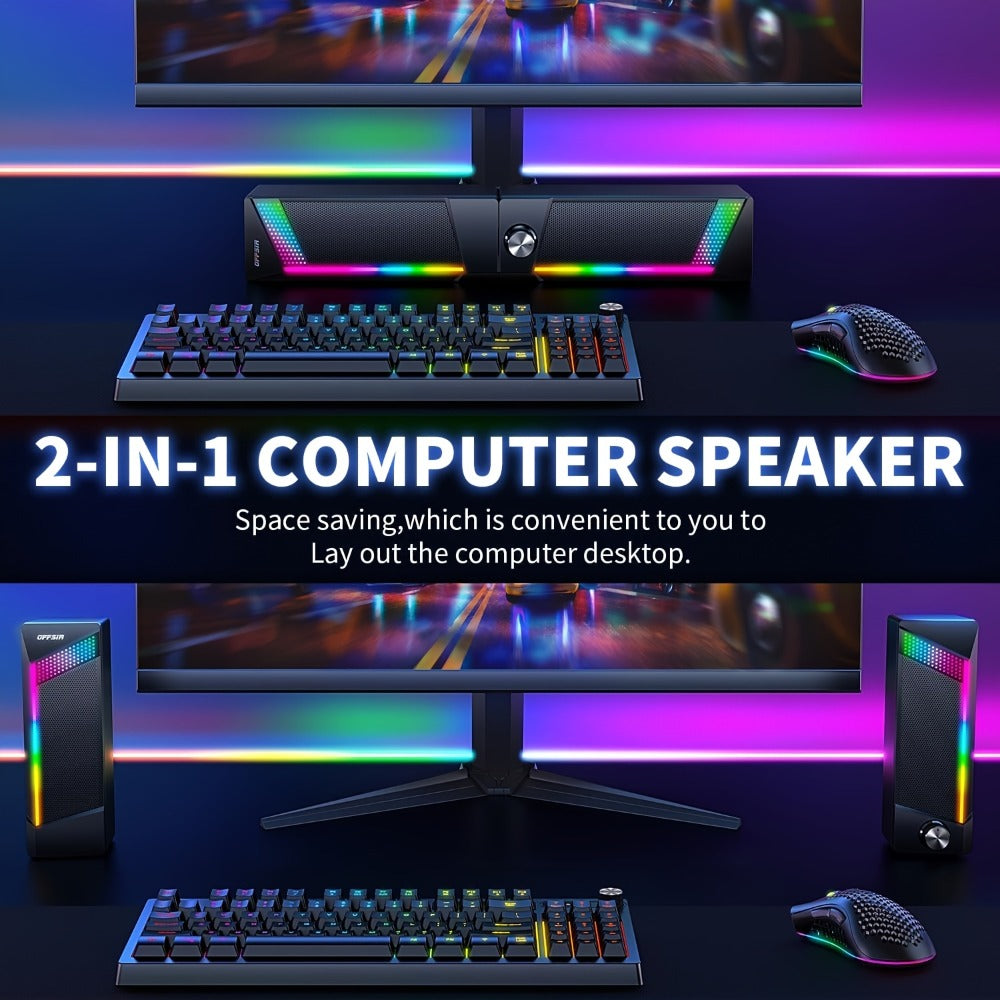 2-in-1 RGB Gaming Computer Speakers Wired, PC Desktop Laptop Soundbar with Subwoofer, Volume Control, RGB Ambient Light, USB Powered, 3.5mm Aux Input for Home Office Gaming