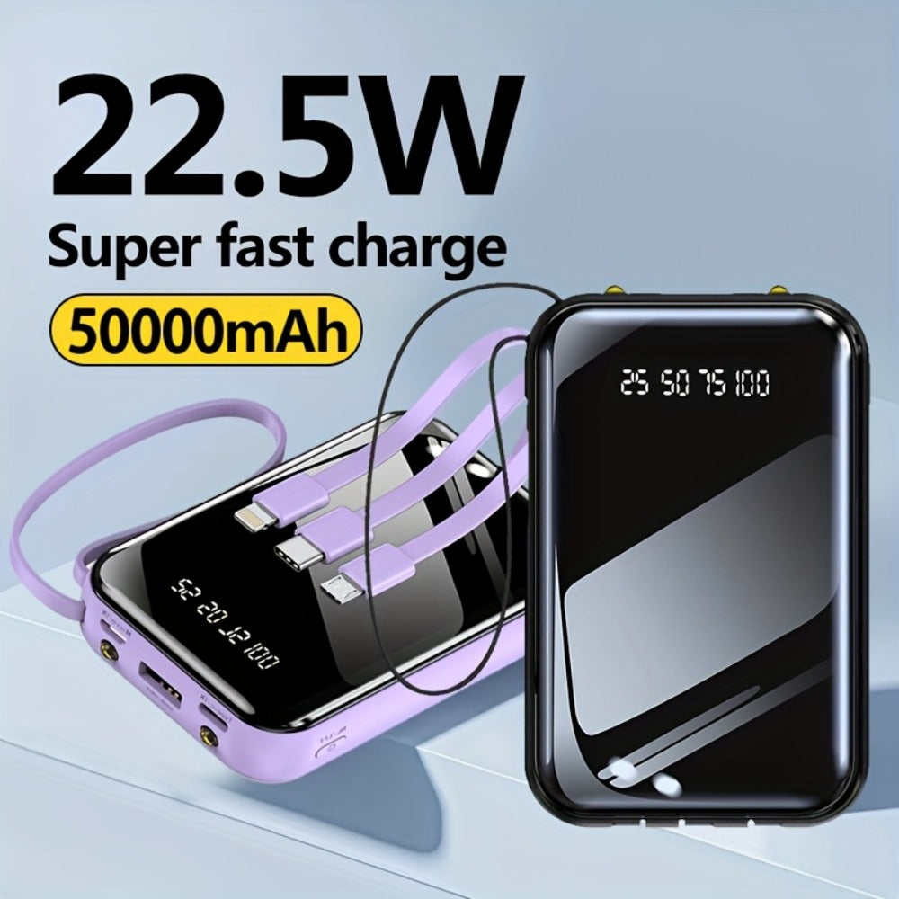 3-in-1 Built-in Cables Power Bank 50000mAh Portable Charger with Smart Digital Display Flashlight Apple Lightning Type-C USB Safe Lithium Battery Pack Outdoor Emergency Travel Gift