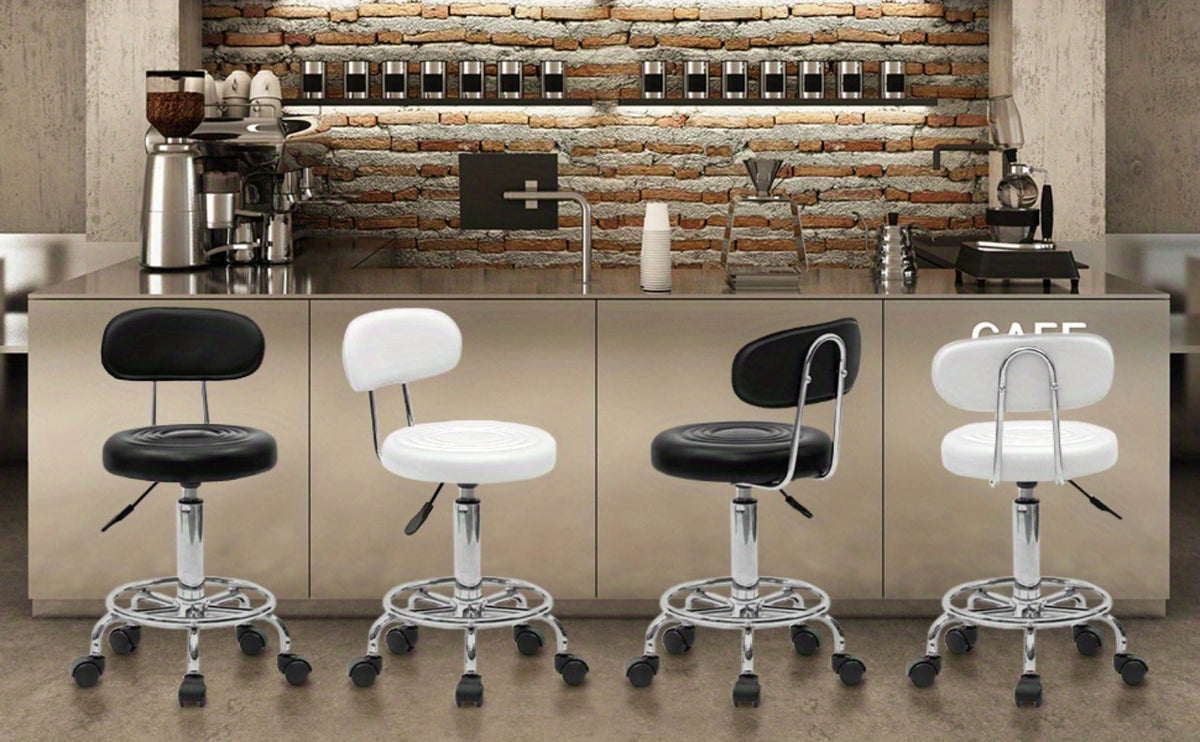 Saddle & Round Salon Stool with Backrest 360-Degree Swivel — Adjustable Height Professional Chair for Salon, Spa, Barber, Kitchen & Bistro, Black & White, 2 Styles