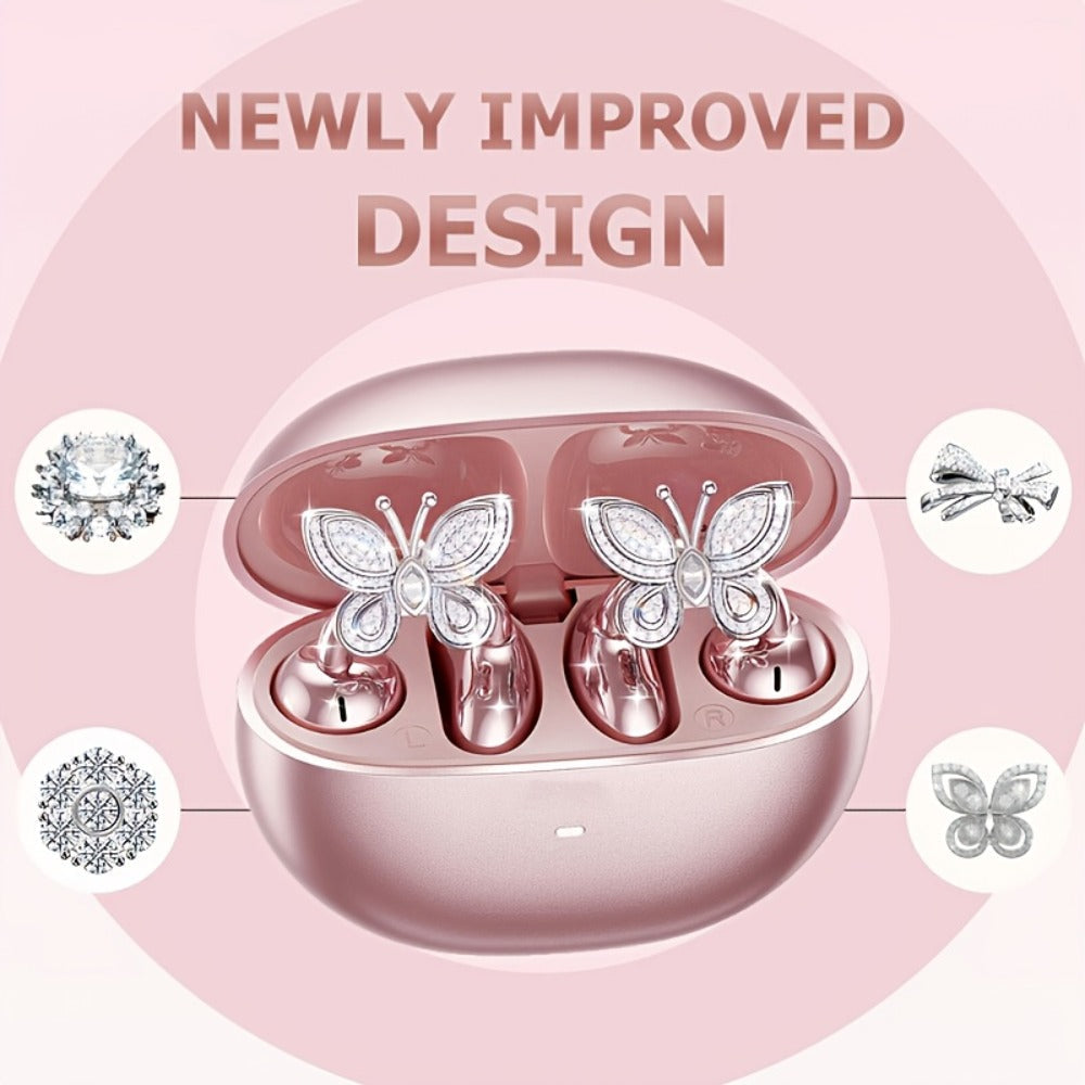 Clip On Wireless Earbuds Open Ear Bluetooth Headphones with Detachable Gemstone Earrings ANC Noise Reduction HD Stereo Hands-Free for Sports Exercise Work Study Outdoors