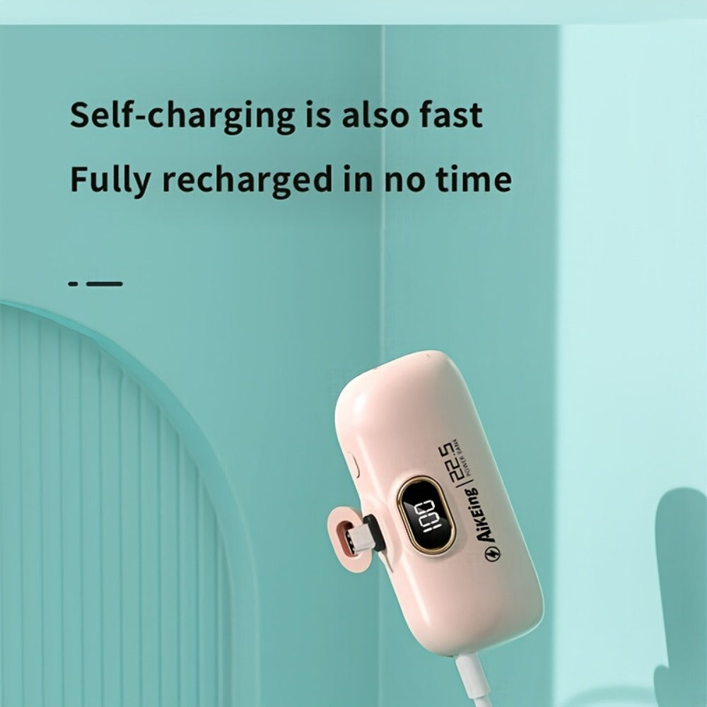 Mini Power Bank 5000mAh with Built-in USB-C Connector Fast Charging – Ultra-Compact Pocket Portable Charger for iPhone Android Samsung | Emergency Travel Charger | Green Pink