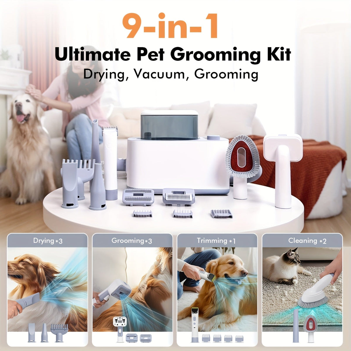 Pet Grooming Vacuum Kit 9-in-1 – 24KPa Dog Shedding Vacuum with Hair Dryer & Electric Clipper | Adjustable Speed & Temperature | 104oz Dust Bin | Professional At-Home Dog Grooming Set for All Breeds
