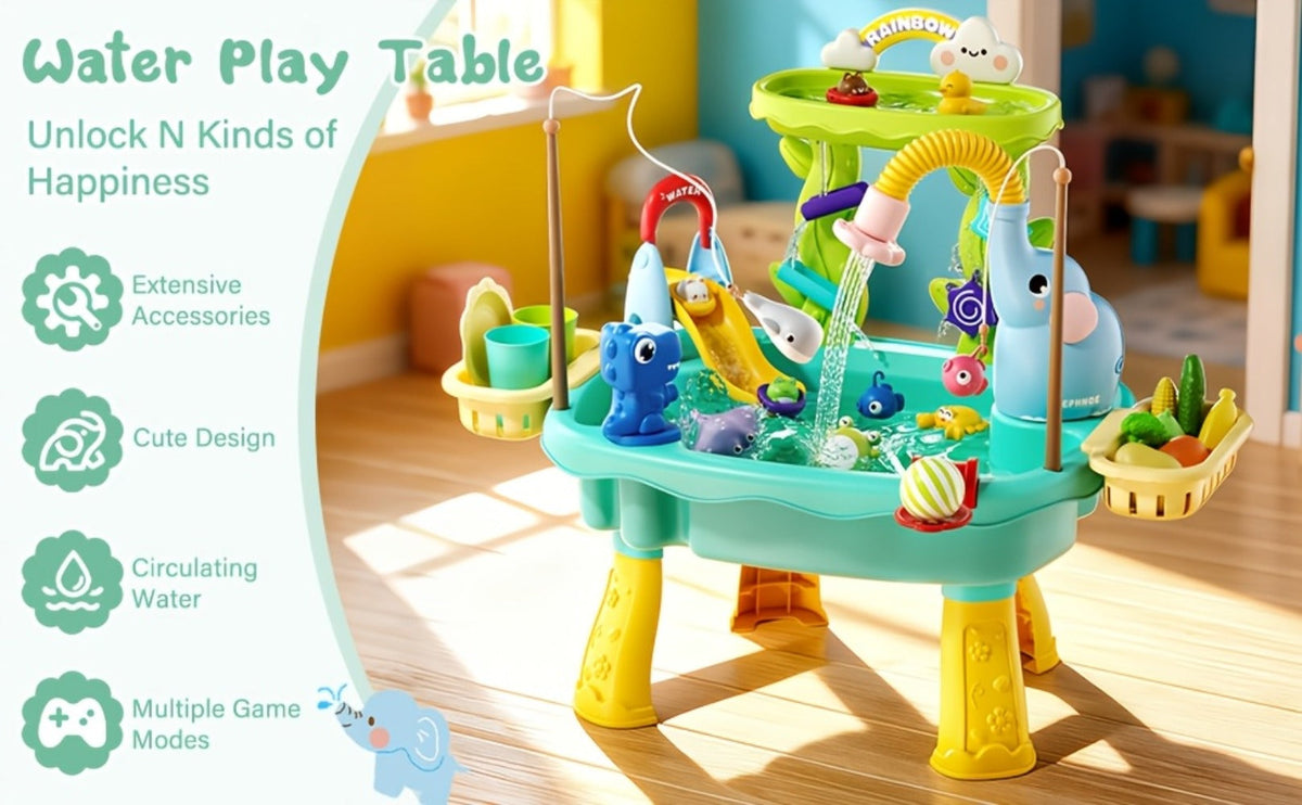 Kids Water Table Toy with Electric Pump & Faucet, Play Food & Fishing Toy in Blue or Pink