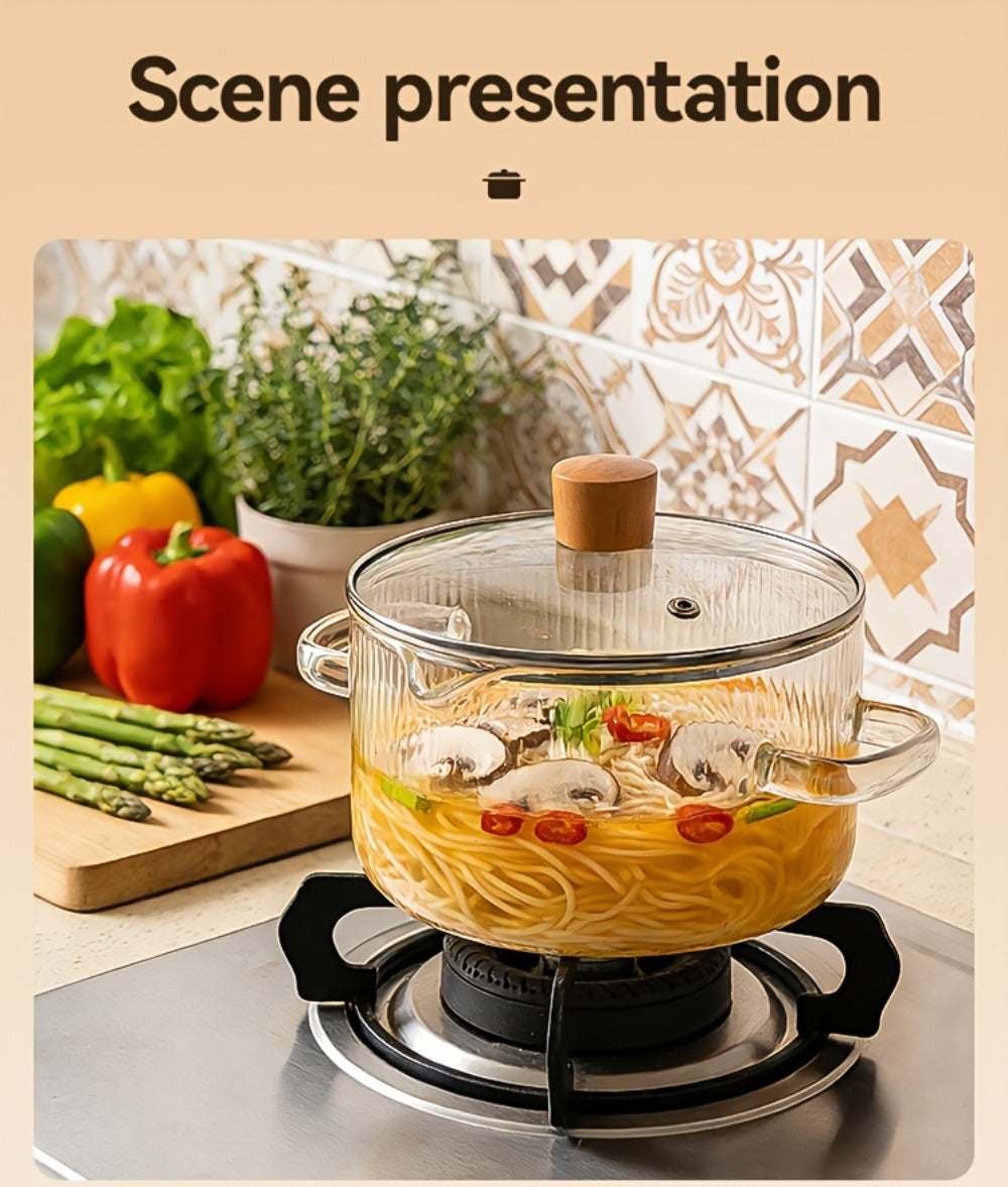 Glass Saucepan Set 2-Pack Stovetop Safe Borosilicate Ribbed Pots with Lids – 78oz & 54oz Heat Resistant Cookware for Soup, Ramen, Milk | Transparent Glass Pot Kitchen Cooking Set with Baking Mat