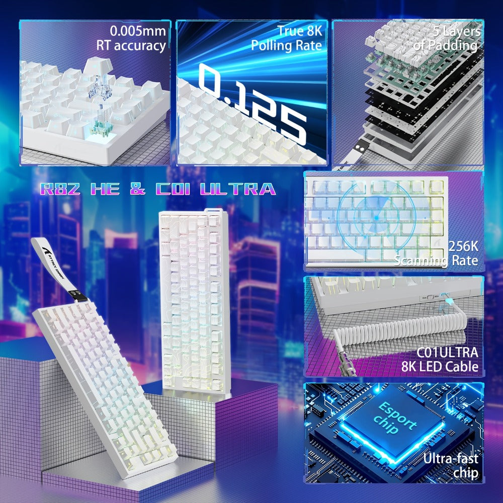 Hall Effect Mechanical Gaming Keyboard Attack Shark R82HE 80% – 0.005mm Rapid Trigger, 8000Hz Polling Rate, Hot Swap, PBT Keycaps, 5-Layer Sound Isolation, RGB, DKS, Snap Tap for PC & Mac | White & Pink