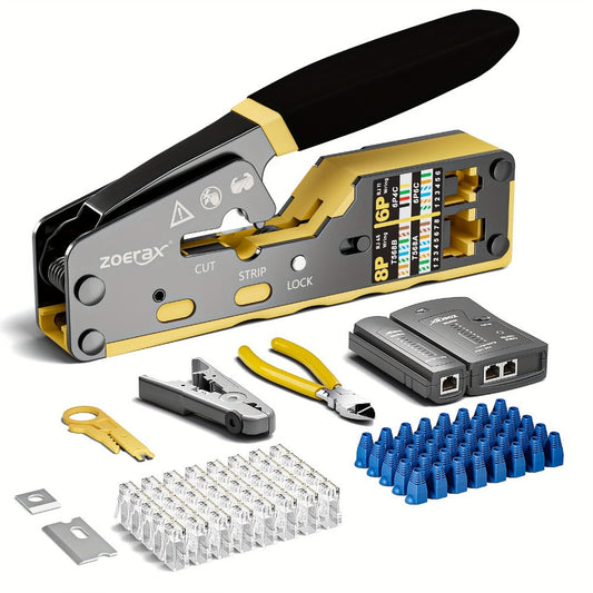 RJ45 Pass-Through Crimping Tool Kit with Cable Tester and 50 CAT6 Connectors