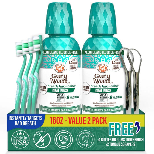 GuruNanda Alcohol-Free Mouthwash with 8 Essential Oils, Fluoride-Free Wild Mint Oral Rinse, 2 x 16 oz